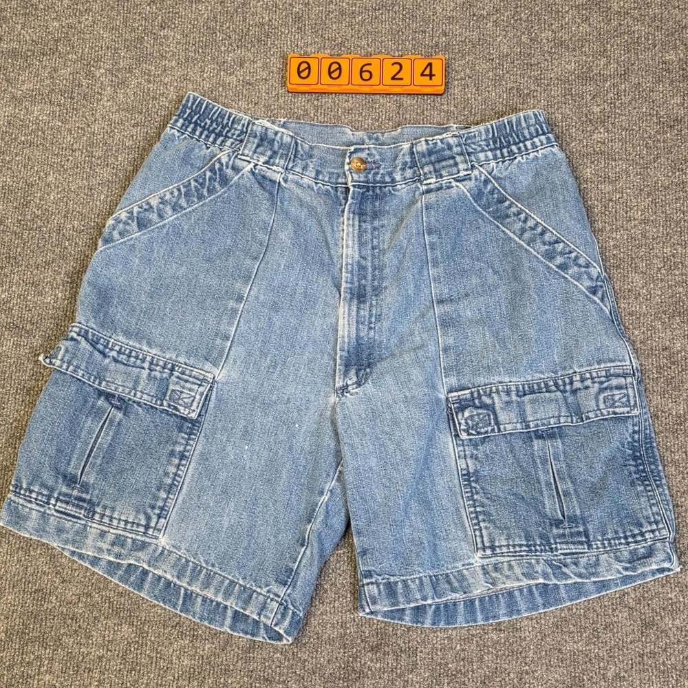 90s Unbranded Deep Pocket Blue Denim Cargo Shorts Size 32